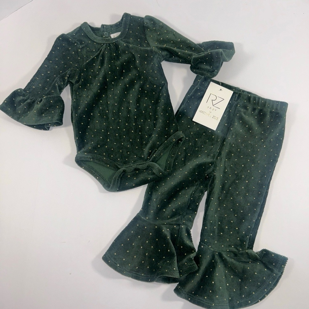 NWT RZ Baby Girls Outfit Set 12M‎ Dark Green Polka Dot Ruffled Corduroy